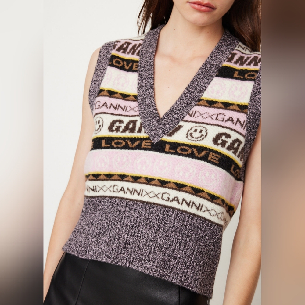 Ganni 23SS Multicolor Graphic Wool Knit Vest Size S